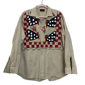 Vintage Hand Painted Chicken Shirt Upcycled Folk Art Cottagecore Farmcore‎ Top L